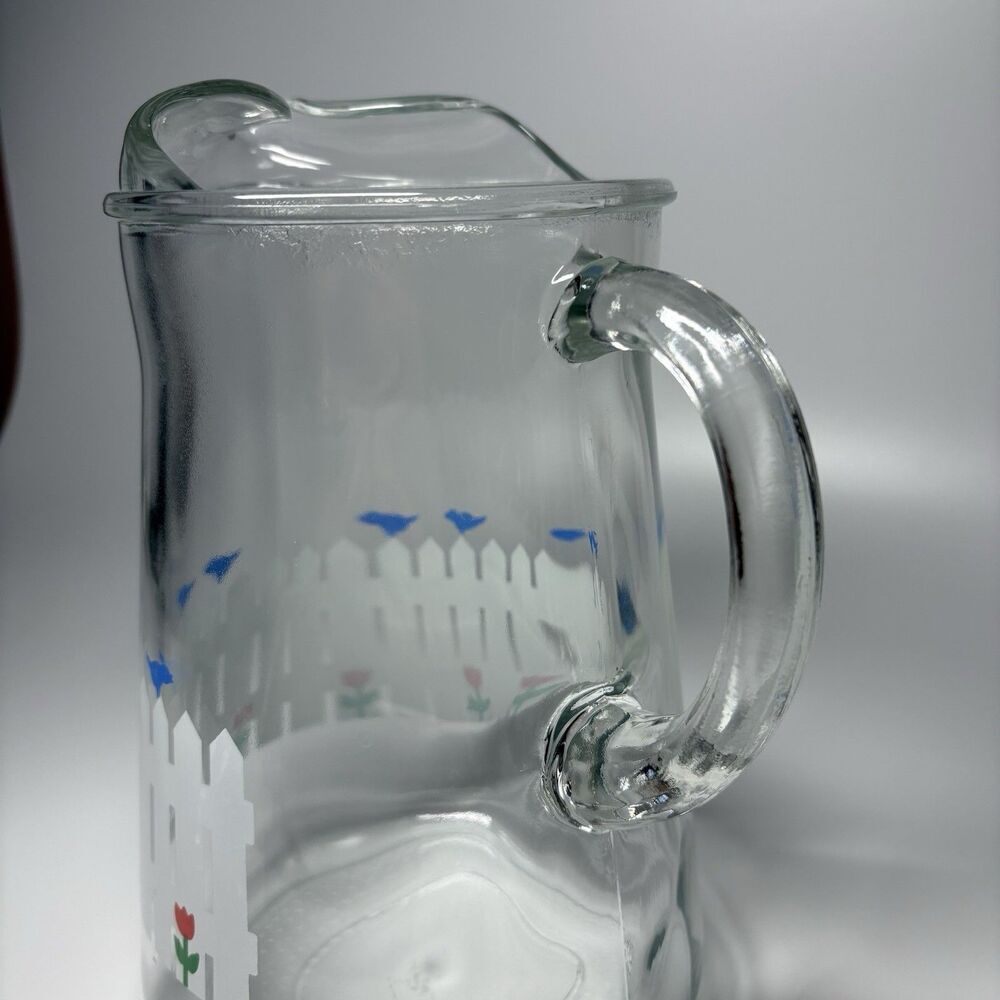 Libbey White Fence Blue Birds Red Flowers Clear Glass Pitcher 64 oz Cottagecore - Picture 5 of 6